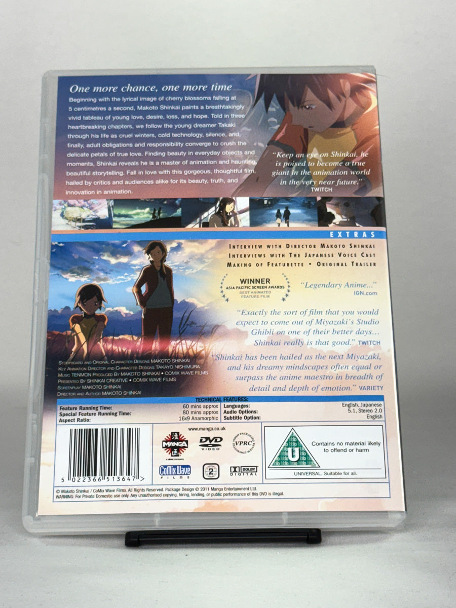 DVD-bakside til filmen 5 Centimeters Per Second
Baksiden viser info, spesifikasjoner og eventuell ekstratekst – produktbilde fra nettbutikken Brukbar Film