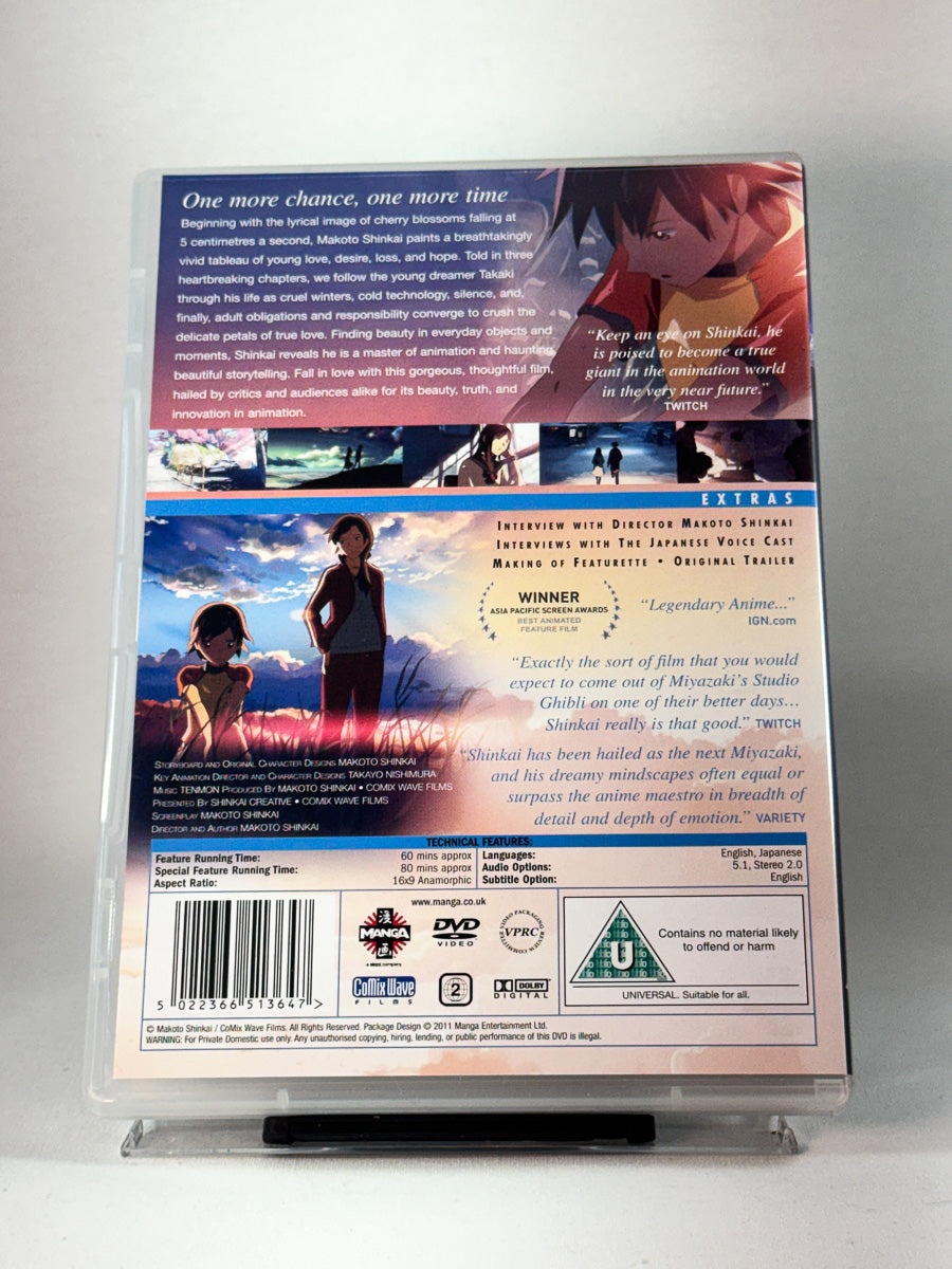 Bakside av cover til 5 Centimeters per Second, bruktfilm hos nettbutikken Brukbar Film