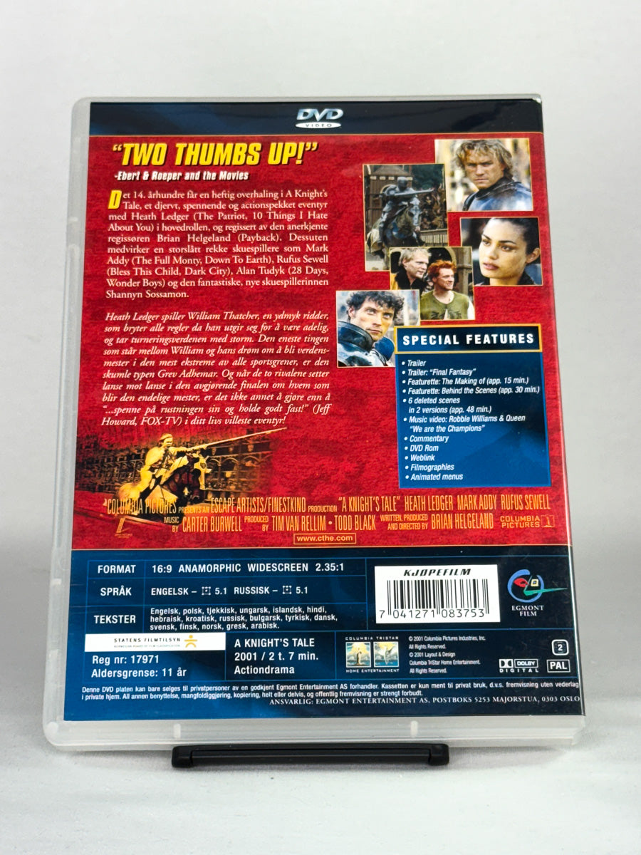 DVD-bakside til filmen A Knight's Tale
Baksiden viser info, spesifikasjoner og eventuell ekstratekst – produktbilde fra nettbutikken Brukbar Film