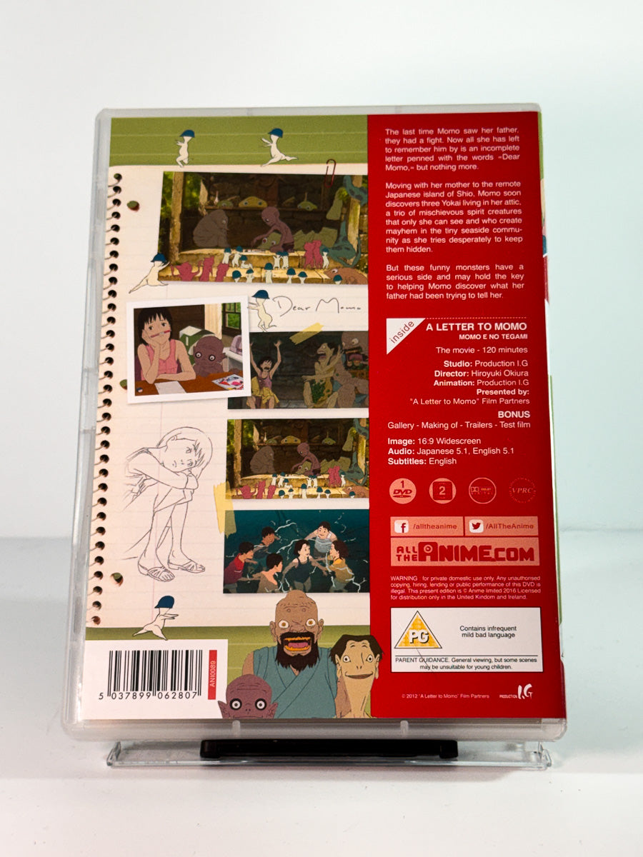 Bakside av cover til animefilmen A Letter to Momo, brukt DVD hos Brukbar Film