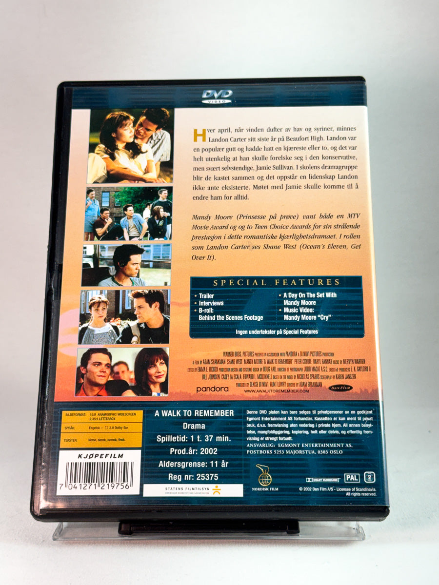 Bakside av cover til A Walk to Remember, brukt original DVD hos Brukbar Film
