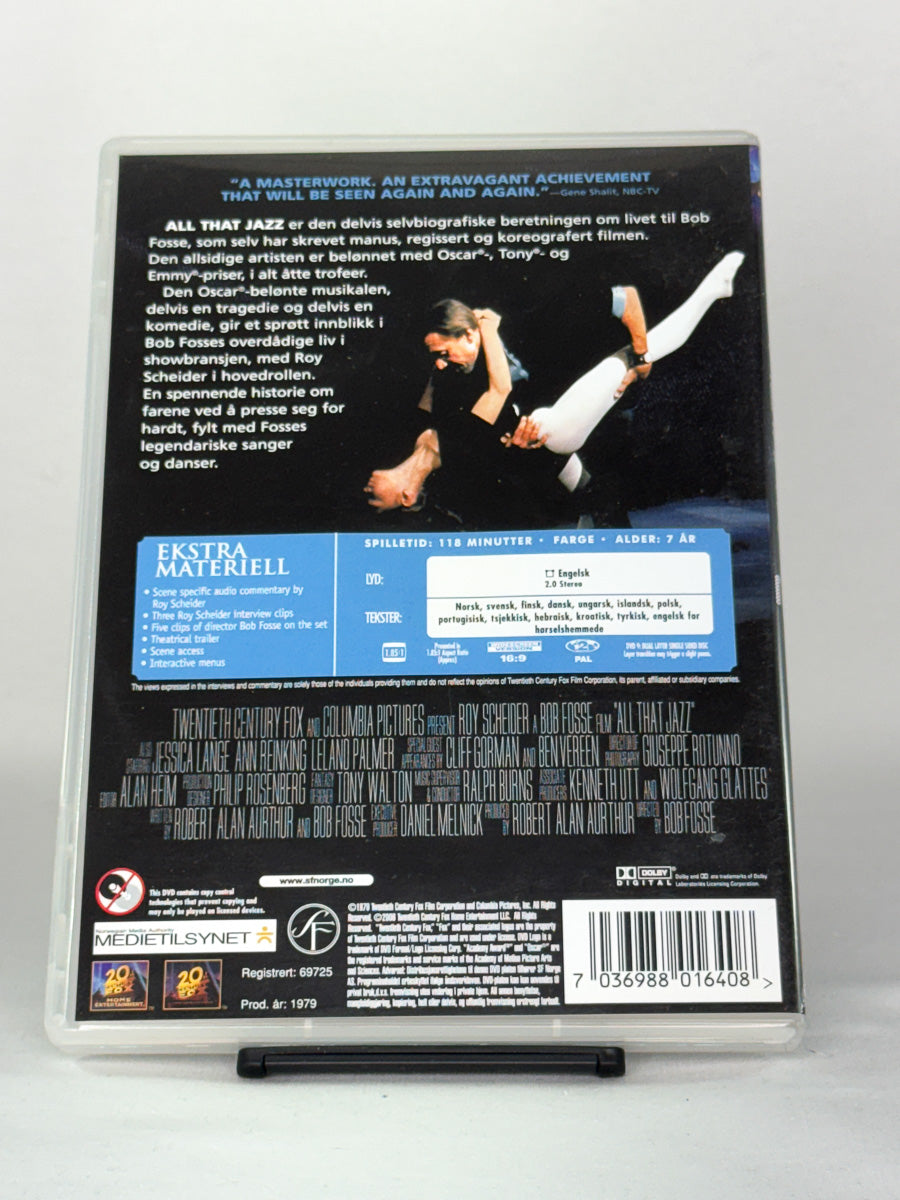 DVD-bakside til filmen All That Jazz
Baksiden viser info, spesifikasjoner og eventuell ekstratekst – produktbilde fra nettbutikken Brukbar Film