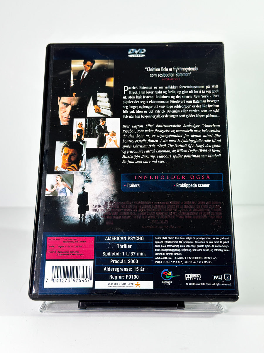 Bakside av cover til American Psycho på DVD hos Brukbar Film