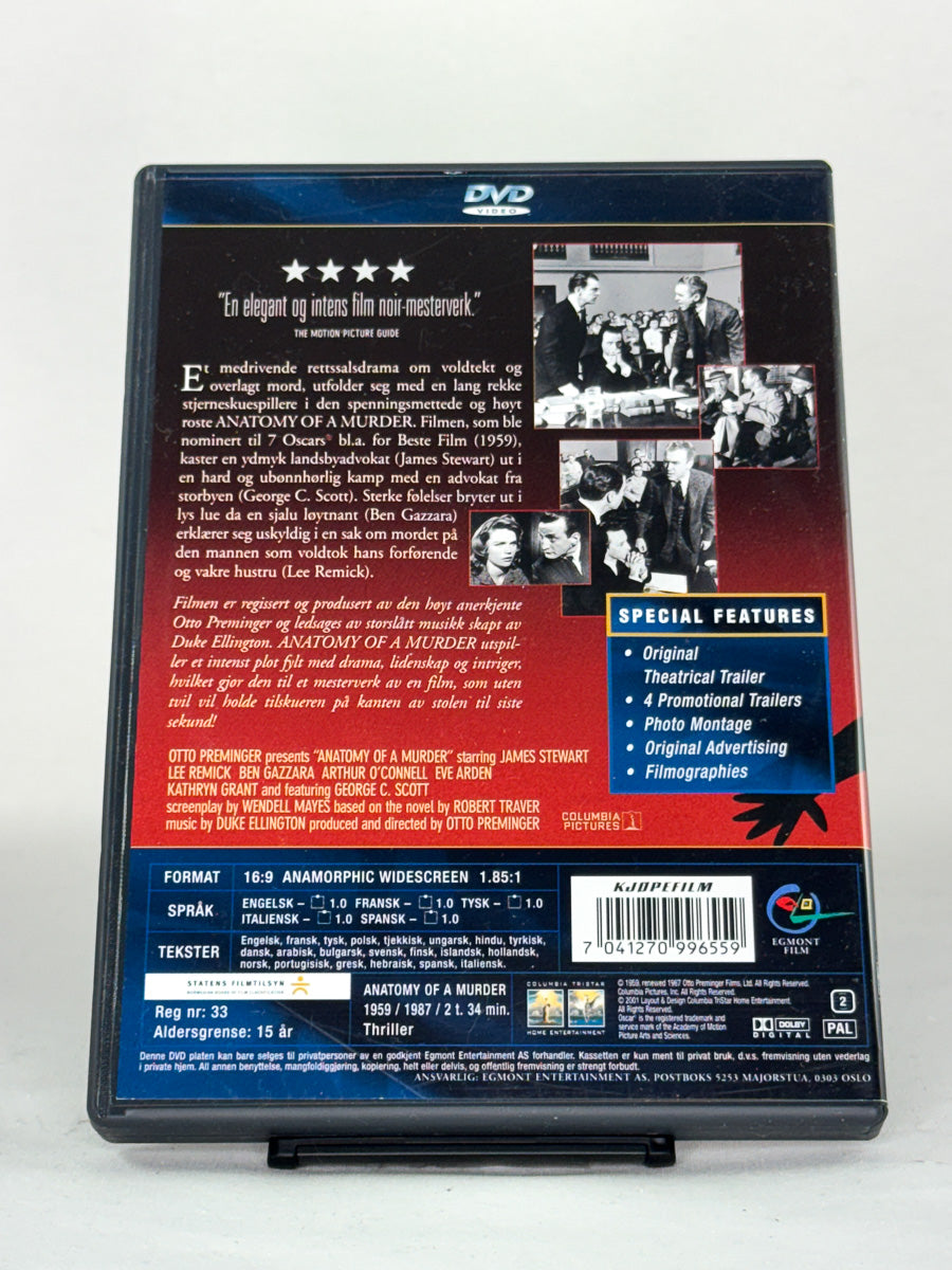 DVD-bakside til filmen Anatomy of a Murder
Baksiden viser info, spesifikasjoner og eventuell ekstratekst – produktbilde fra nettbutikken Brukbar Film