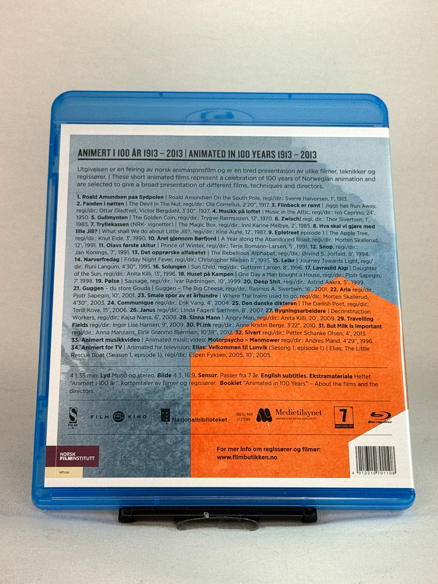 Bakside av Blu-ray-cover til Animert i 100 år – Norsk animasjonsfilm 1913–2013 – historisk samling med unike kortfilmer fra et århundre med norsk animasjon, brukt Blu-ray hos Brukbar Film.