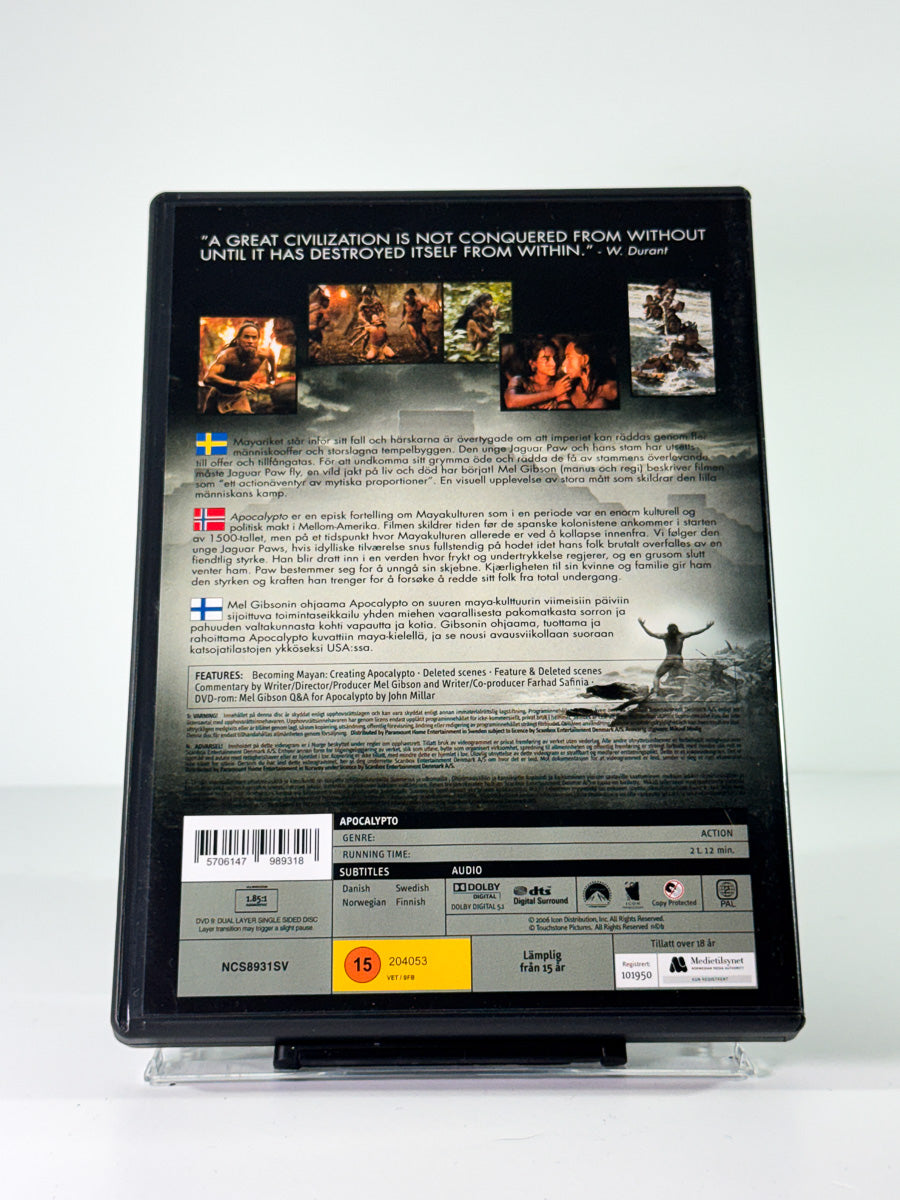 Bakside av cover til apocalypto, brukt original DVD hos Brukbar Film