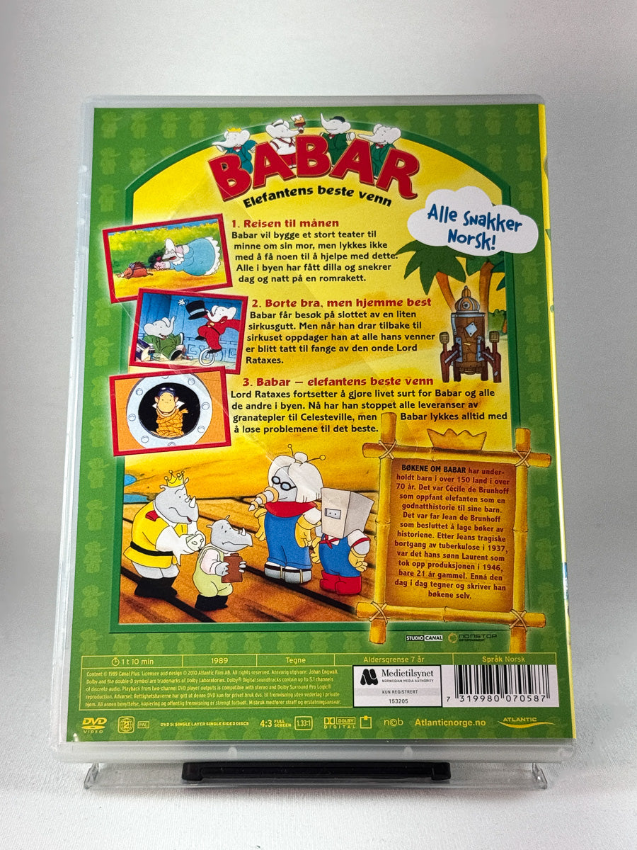 Bakside av DVD-cover til Babar – Elefantens beste venn, brukt DVD med oversikt over tre inkluderte Babar-filmer hos Brukbar Film