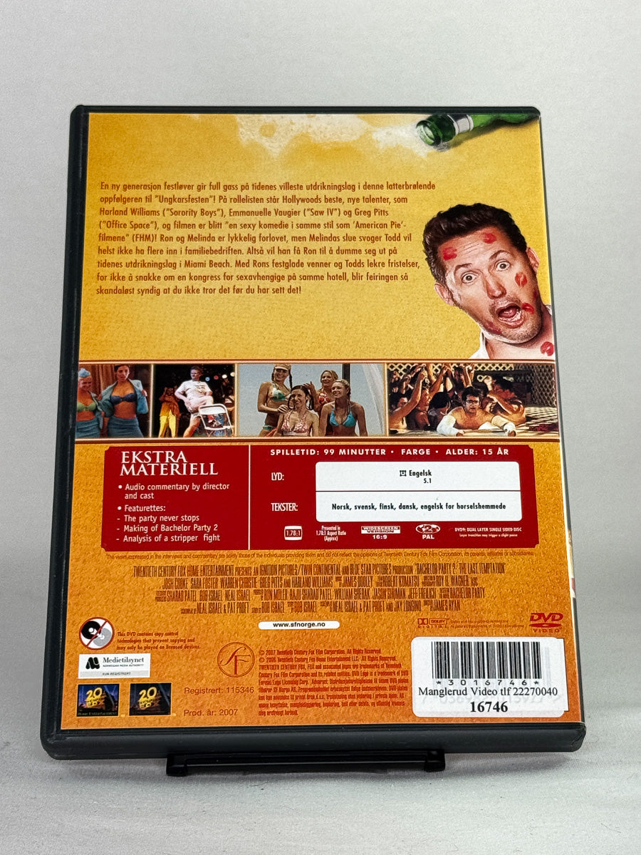 DVD-bakside til filmen Bachelor Party 2: The Last Temptation
Baksiden viser info, spesifikasjoner og eventuell ekstratekst – produktbilde fra nettbutikken Brukbar Film