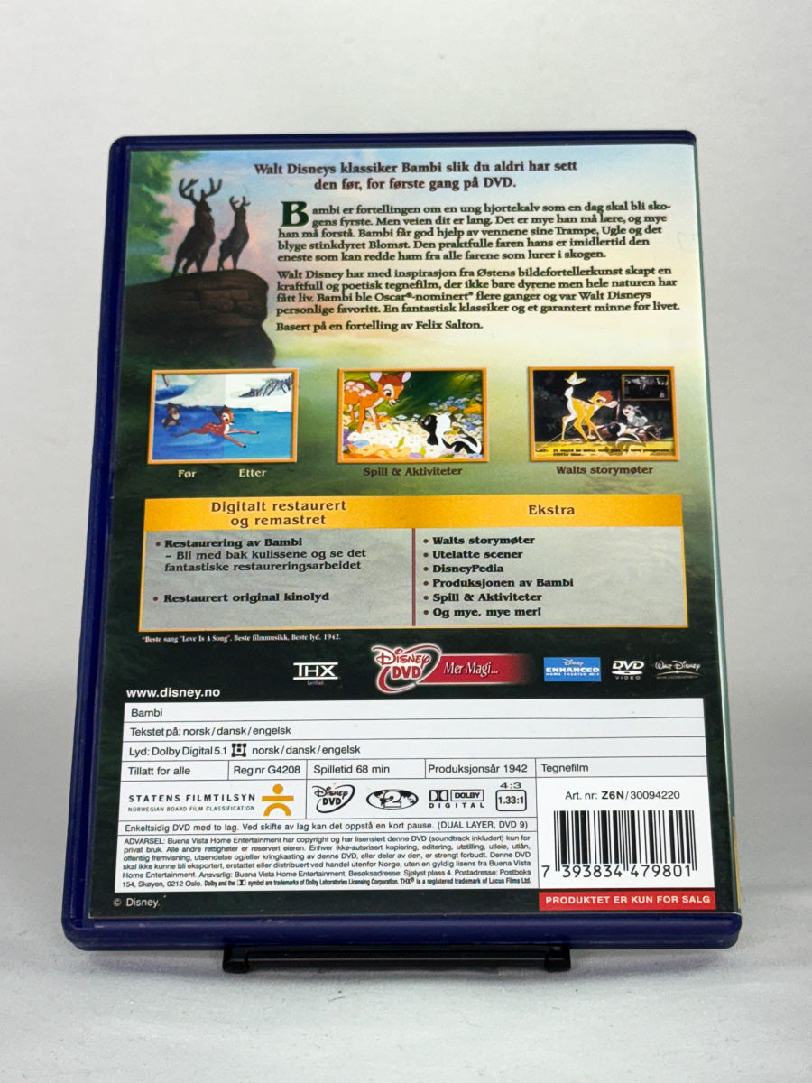 DVD-bakside til filmen Bambi
Baksiden viser info, spesifikasjoner og eventuell ekstratekst – produktbilde fra nettbutikken Brukbar Film