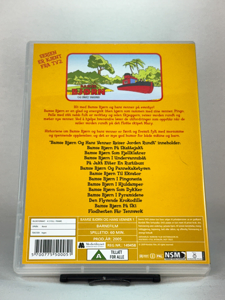 Bakside av DVD-cover til Bamse Bjørn og hans venner – Reiser jorden rundt – underholdende og lærerik reise med norsk tale, brukt originalutgave på DVD hos Brukbar Film.
