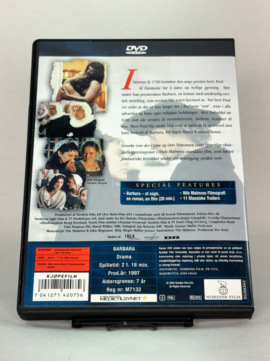 Bakside av DVD-cover til Barbara – historisk drama basert på Jørgen-Frantz Jacobsens roman, bruktfilm på DVD hos Brukbar Film.
