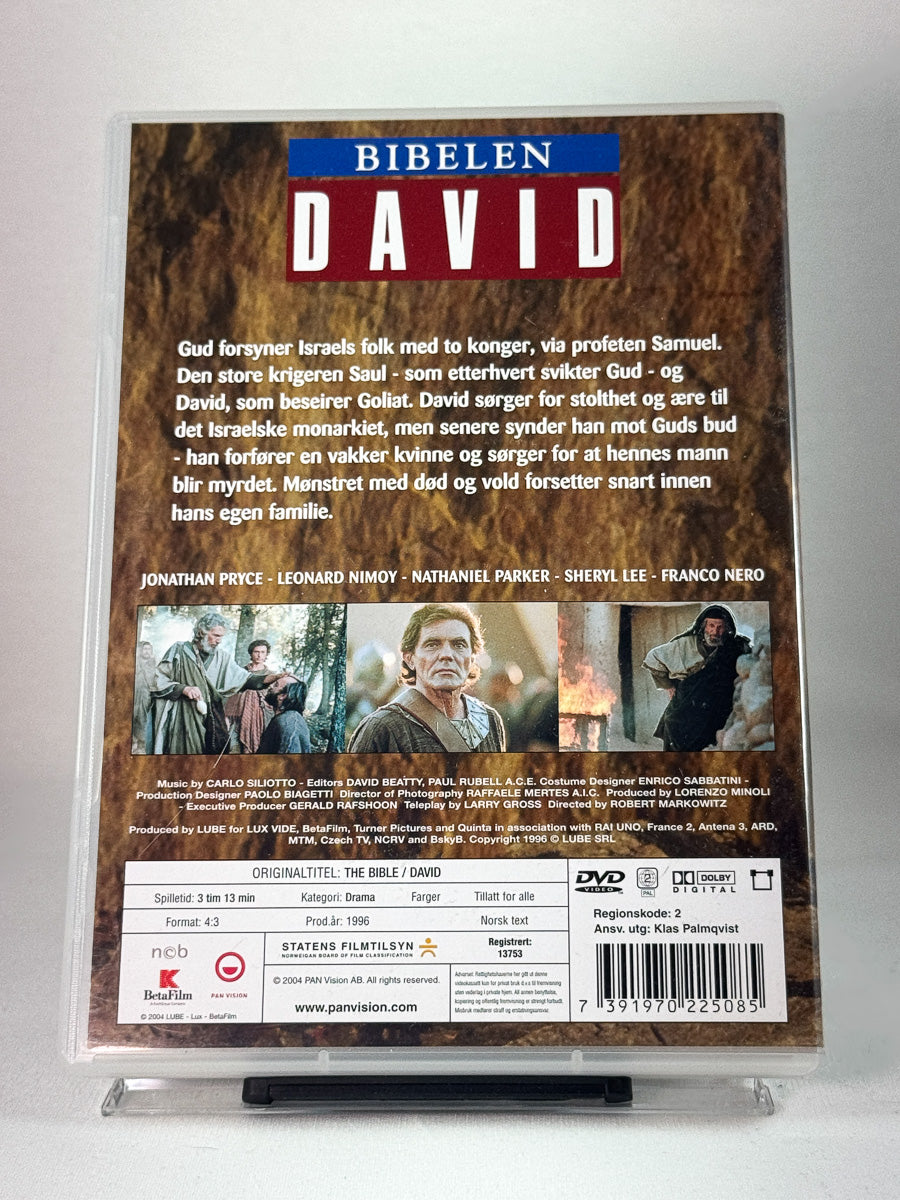 Bakside av DVD-cover for Bibelen: David – bibelsk storfilm med Leonard Nimoy og Franco Nero, brukt originalfilm hos Brukbar Film.