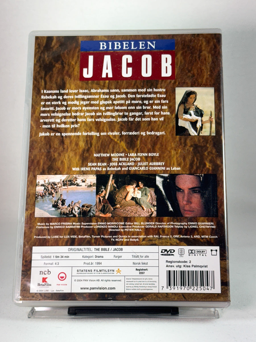 Bakside av DVD-cover for Bibelen: Jakob – bibelsk drama med Lara Flynn Boyle, brukt originalfilm på DVD hos Brukbar Film.