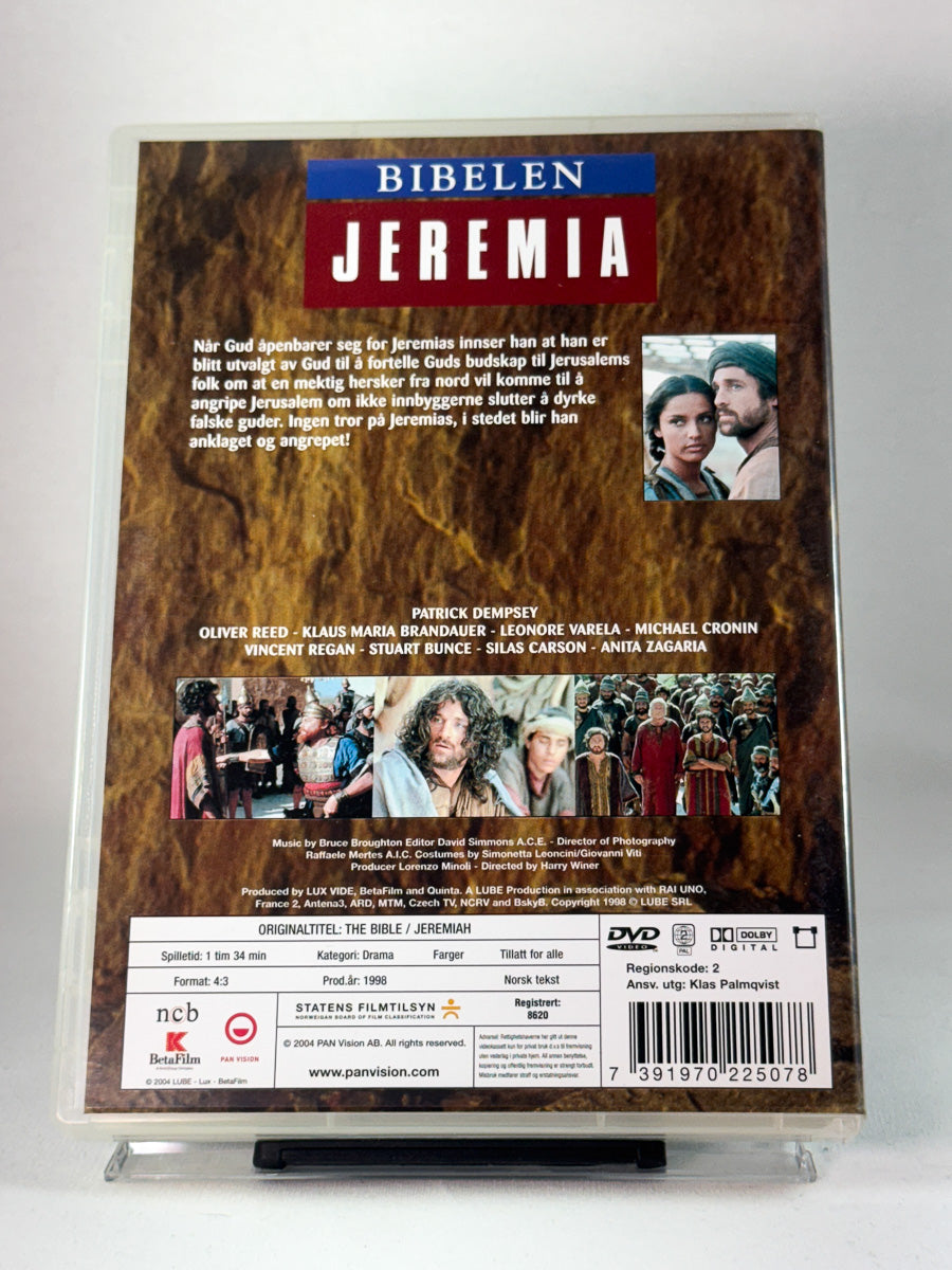 Bakside av DVD-cover for Bibelen: Jeremia – dramatisk bibelfilm med Oliver Reed og Leonore Varela, brukt DVD hos Brukbar Film.