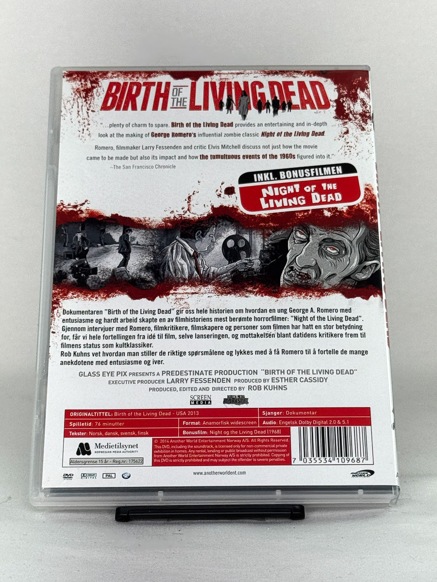 Bakside av Birth of the Living Dead – dokumentar med intervjuer og bonusfilm, et must for horrorfans, brukt DVD fra Brukbar Film.