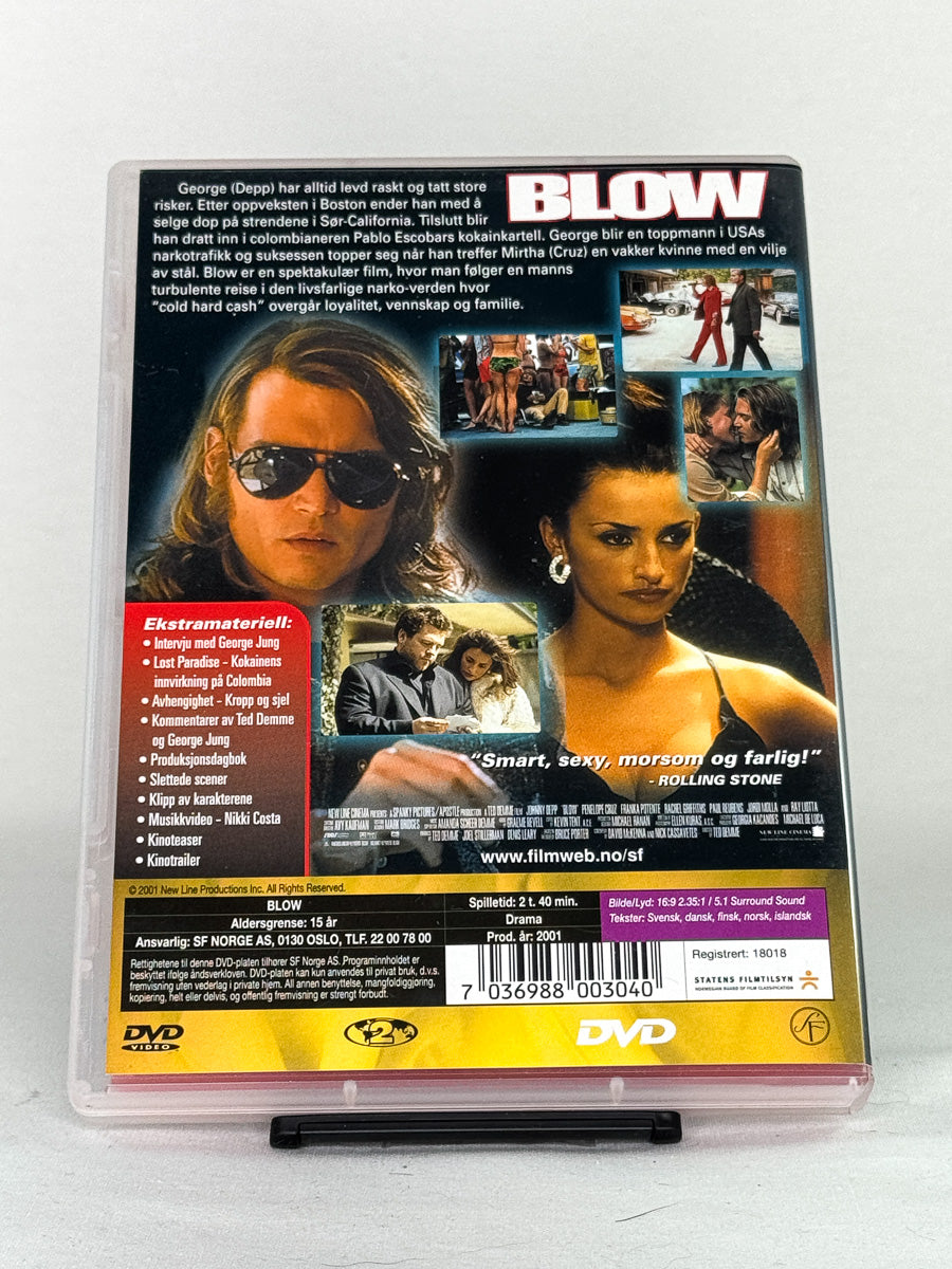 Bakside av Blow – fengslende film om narkotikahandel og amerikansk drøm, brukt DVD-utgave fra Brukbar Film.