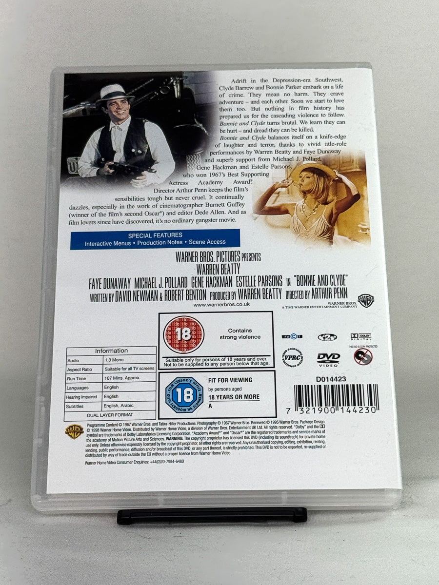 Bakside av DVD-cover for Bonnie and Clyde – brukt klassisk krimdrama på DVD, tilgjengelig hos Brukbar Film.