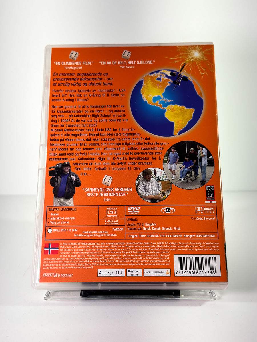 Bakside av cover til Bowling for Columbine, brukt original DVD hos Brukbar Film