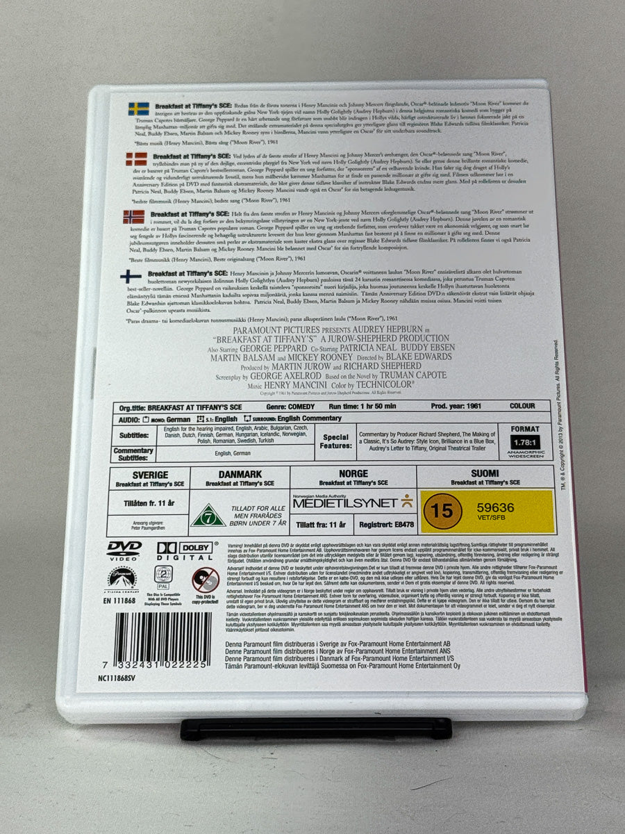 DVD-cover-bakside til filmen Breakfast at Tiffany’s – Brukt DVD fra nettbutikken Brukbar Film