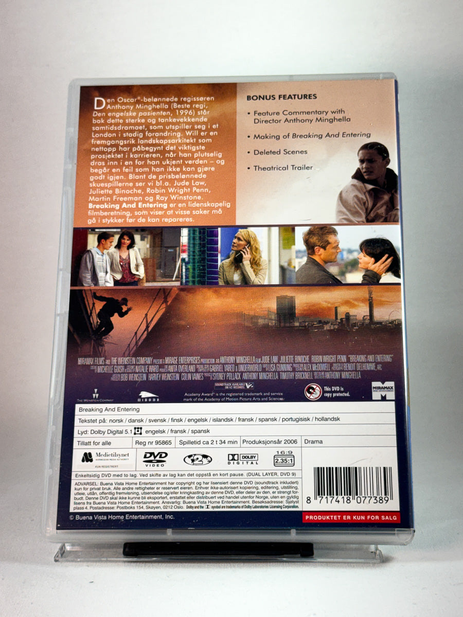 Bakside av cover til Breaking and Entering, brukt original DVD hos Brukbar Film