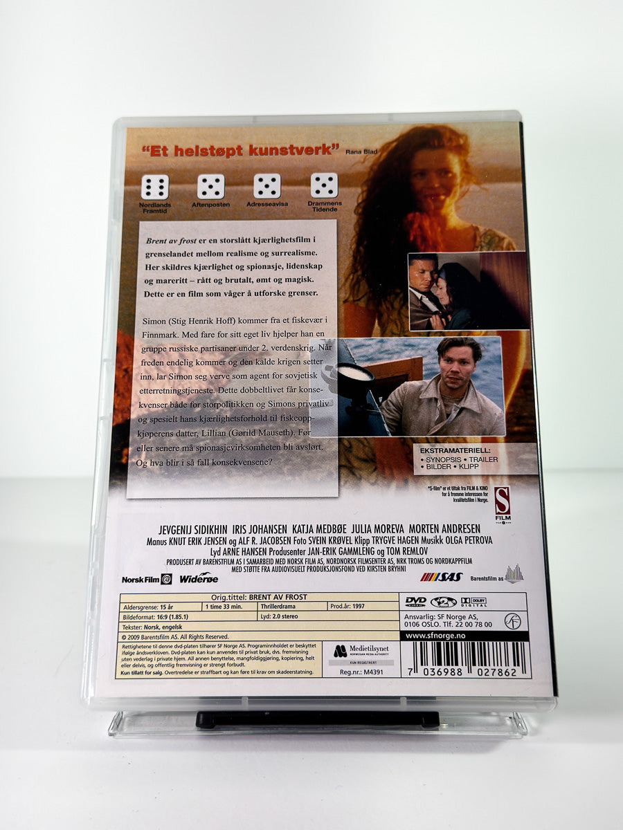 Bakside av cover til Brent av frost, bruktfilm på DVD hos Brukbar Film