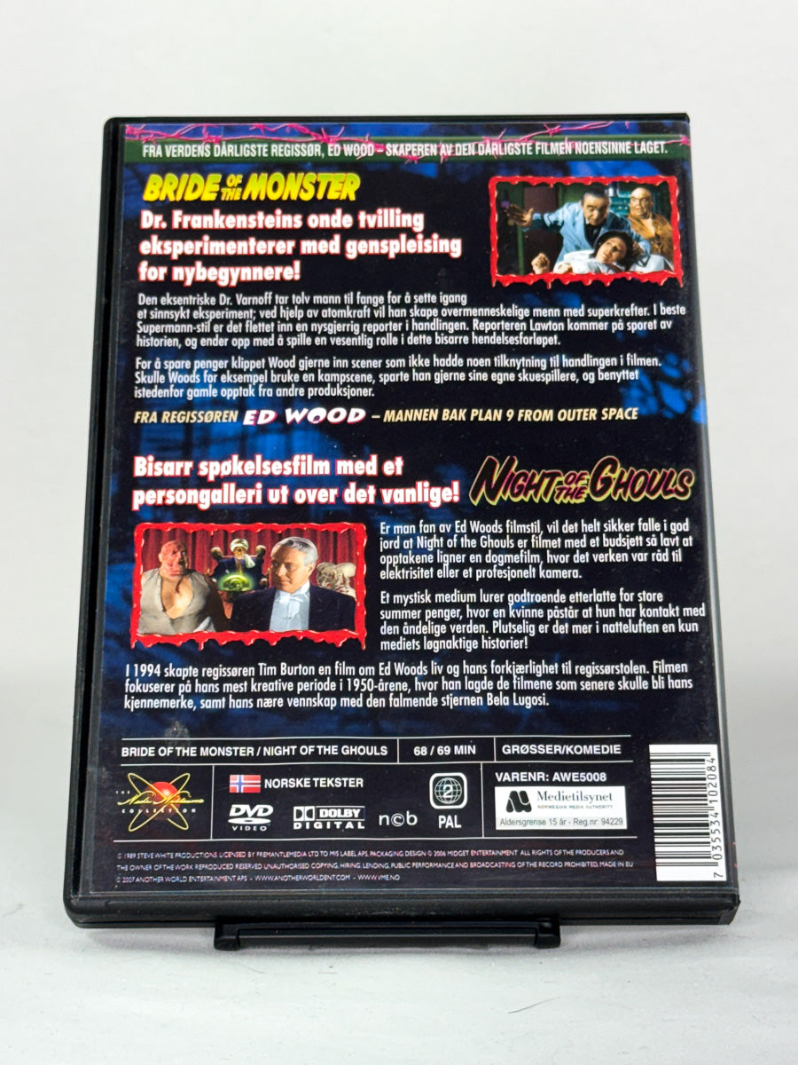 Bakside av filmcover til brukt DVD Bride of the Monster / Night of the Ghouls – brukt klassisk skrekkfilmutgave hos Brukbar Film