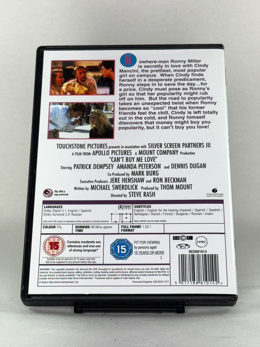 DVD-bakside til filmen Can't Buy Me Love
Baksiden viser info, spesifikasjoner og eventuell ekstratekst – produktbilde fra nettbutikken Brukbar Film