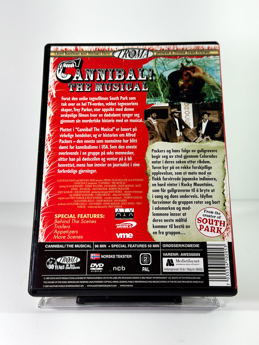 Bakside av cover til Cannibal! The Musical på DVD hos Brukbar Film