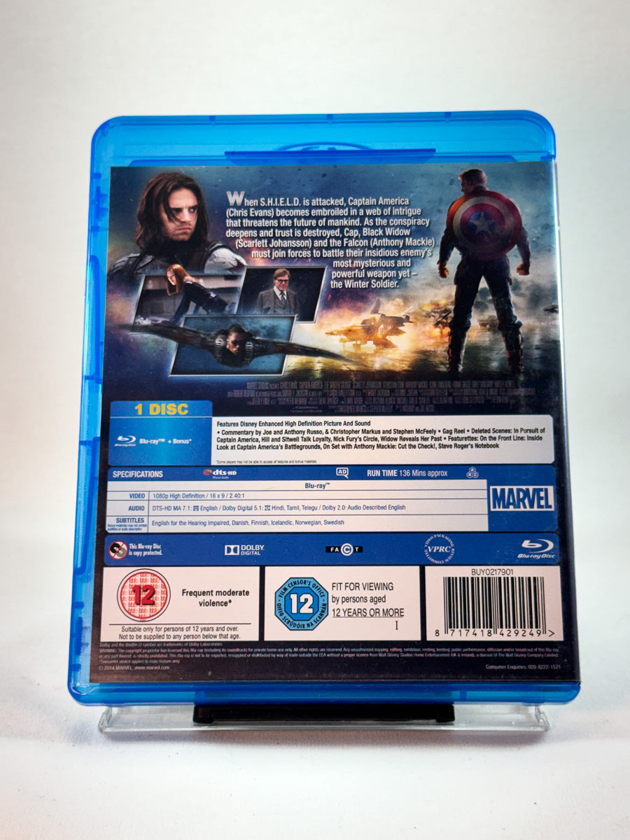 Bakside av Blu-ray-cover til Captain America: The Winter Soldier, brukt original Blu-ray hos Brukbar Film