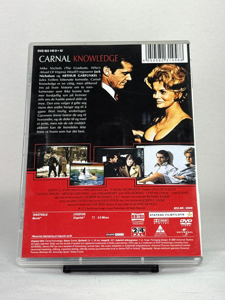 Bakside av Carnal Knowledge – provoserende 70-tallsklassiker om kjærlighet og begjær, brukt DVD fra Brukbar Film.