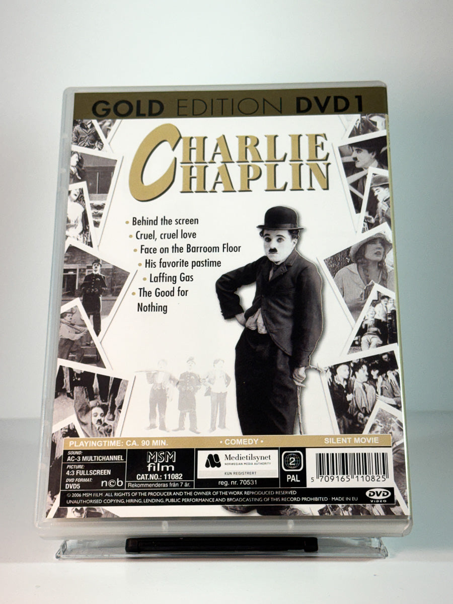 Bakside av cover til Charlie Chaplin Gold Edition DVD1, bruktfilm på DVD hos Brukbar Film