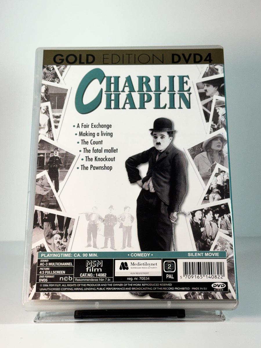 Bakside av cover til Charlie Chaplin Gold Edition DVD4, bruktfilm hos nettbutikken Brukbar Film
