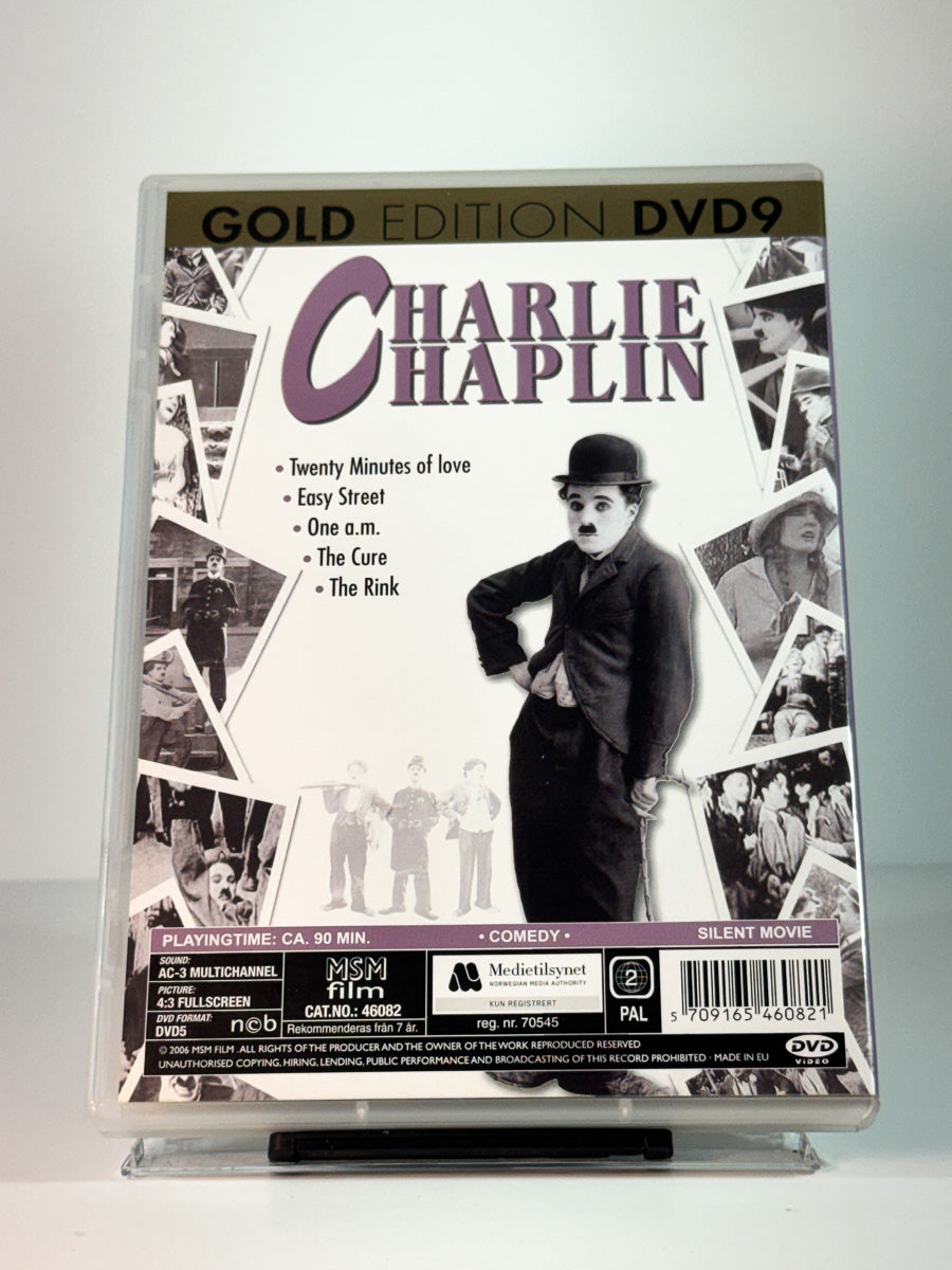 Bakside av cover til Charlie Chaplin Gold Edition DVD9, brukt original DVD hos Brukbar Film
