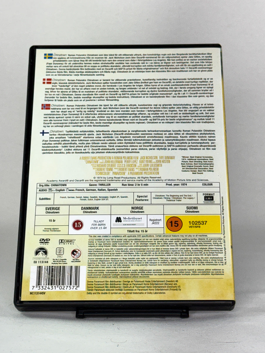 DVD-cover-bakside til filmen Chinatown – Brukt DVD fra nettbutikken Brukbar Film