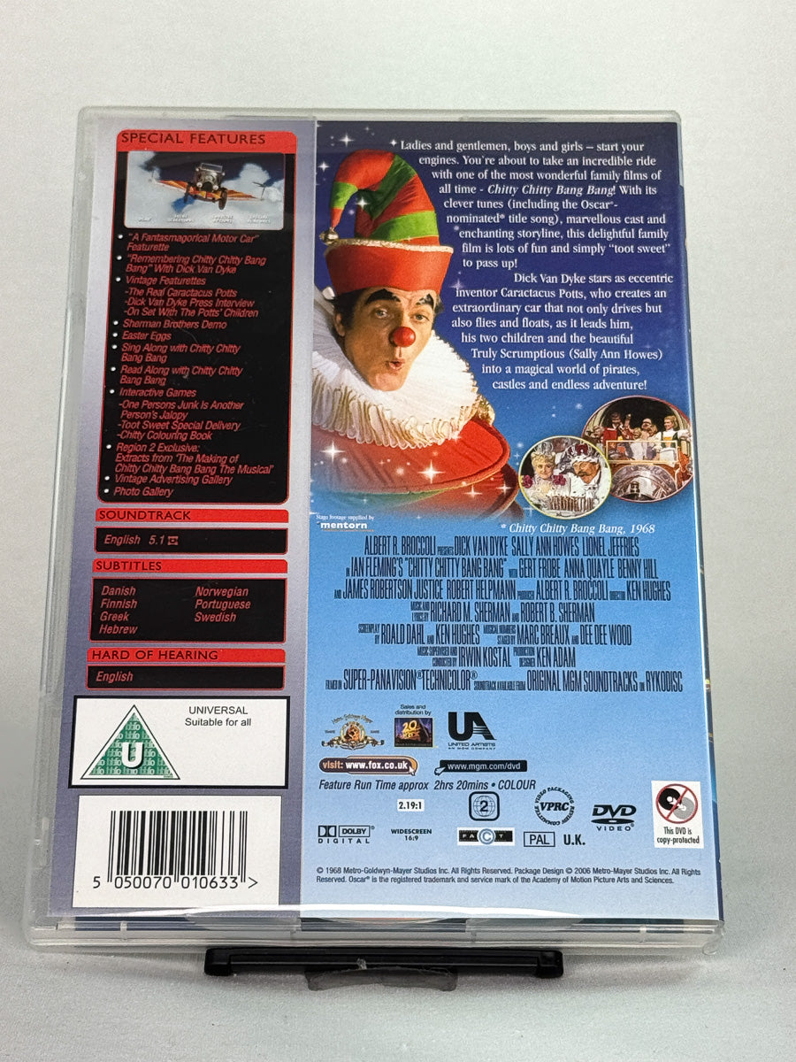 Bakside av DVD-cover til Chitty Chitty Bang Bang, brukt musikalfilm på DVD, klassiker med familievennlig innhold hos Brukbar Film.