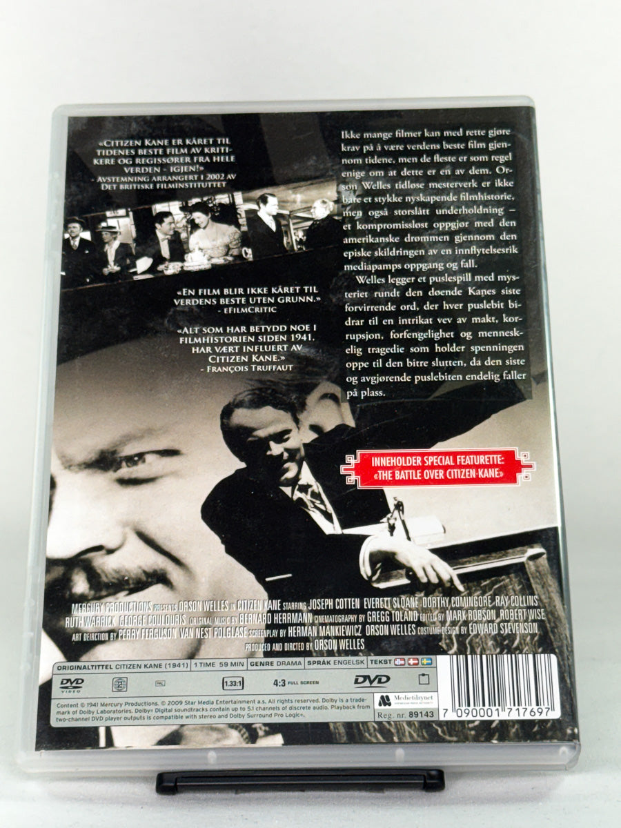 DVD-bakside til filmen Citizen Kane
Baksiden viser info, spesifikasjoner og eventuell ekstratekst – produktbilde fra nettbutikken Brukbar Film