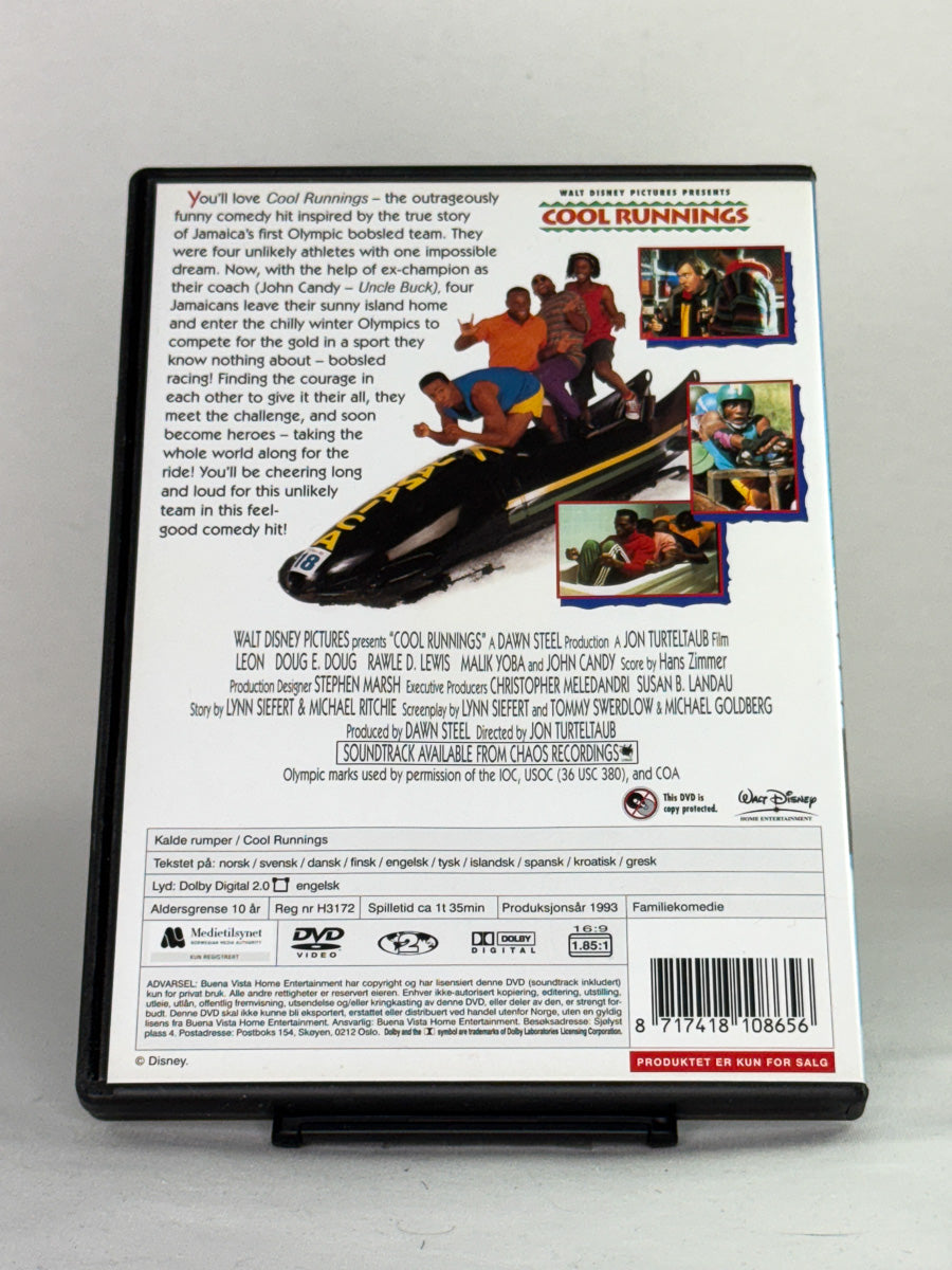 DVD-bakside til filmen Cool Runnings
Baksiden viser info, spesifikasjoner og eventuell ekstratekst – produktbilde fra nettbutikken Brukbar Film