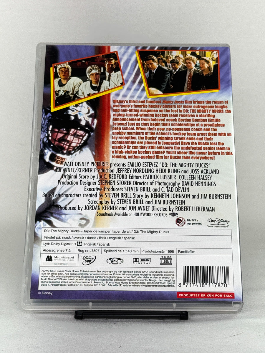 DVD-cover-bakside til filmen D3: The Mighty Ducks – Brukt DVD fra nettbutikken Brukbar Film