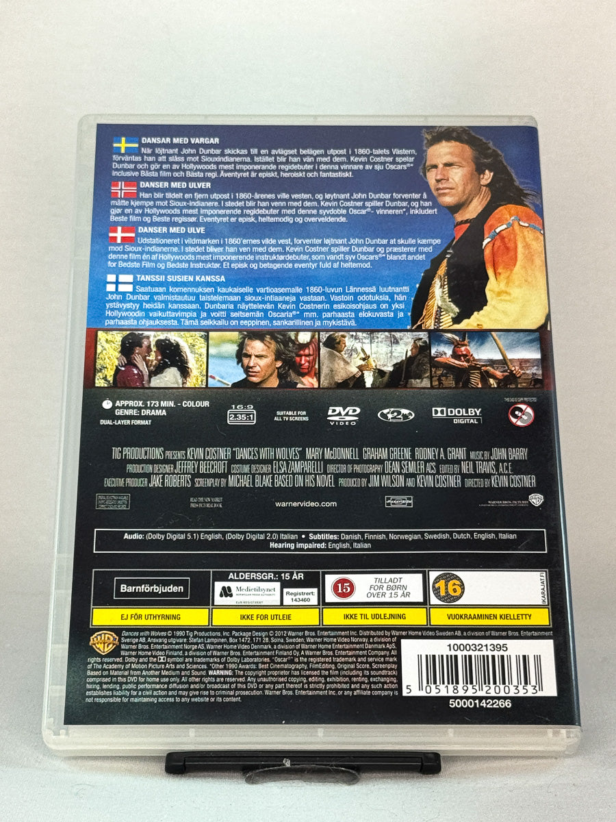 Bakside av DVD-cover til Dances with Wolves (1990) – storslått filmklassiker med Kevin Costner og Mary McDonnell – original brukt DVD-utgave tilgjengelig hos Brukbar Film.