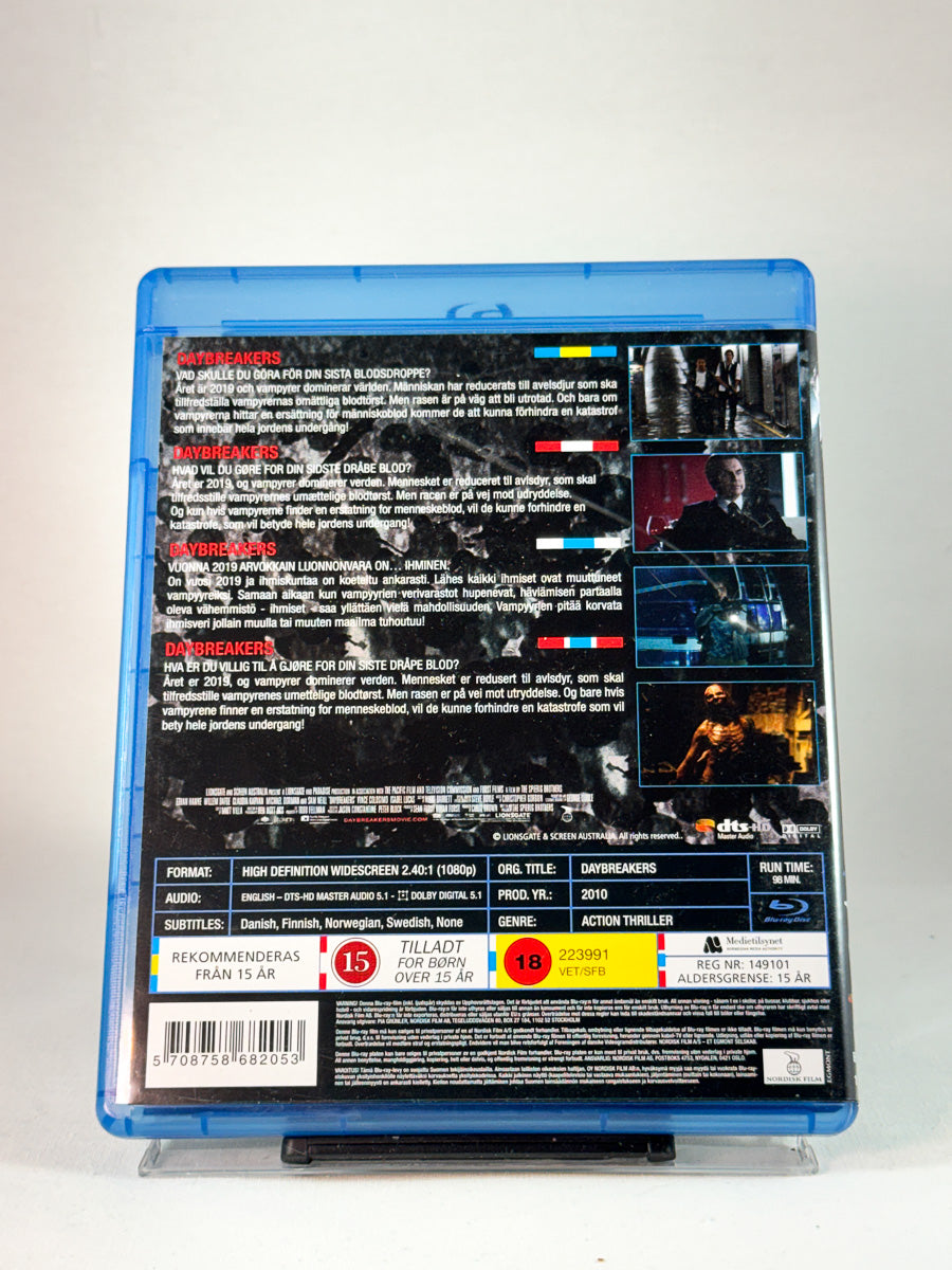 Bakside av cover til Daybreakers, brukt Blu-ray hos Brukbar Film