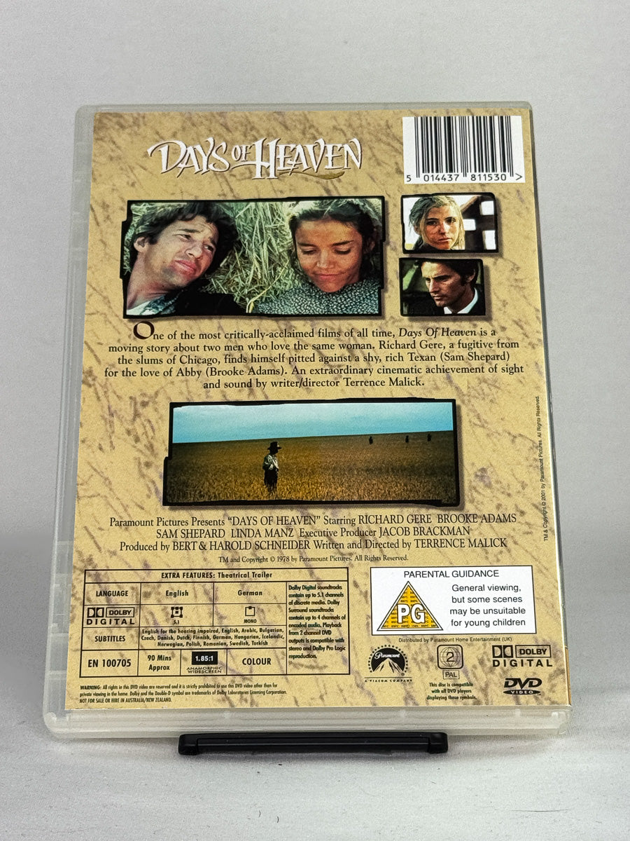 Bakside av Days of Heaven – filmklassiker kjent for sin vakre kinematografi og stemningsfulle fortelling, brukt DVD-utgave fra Brukbar Film.