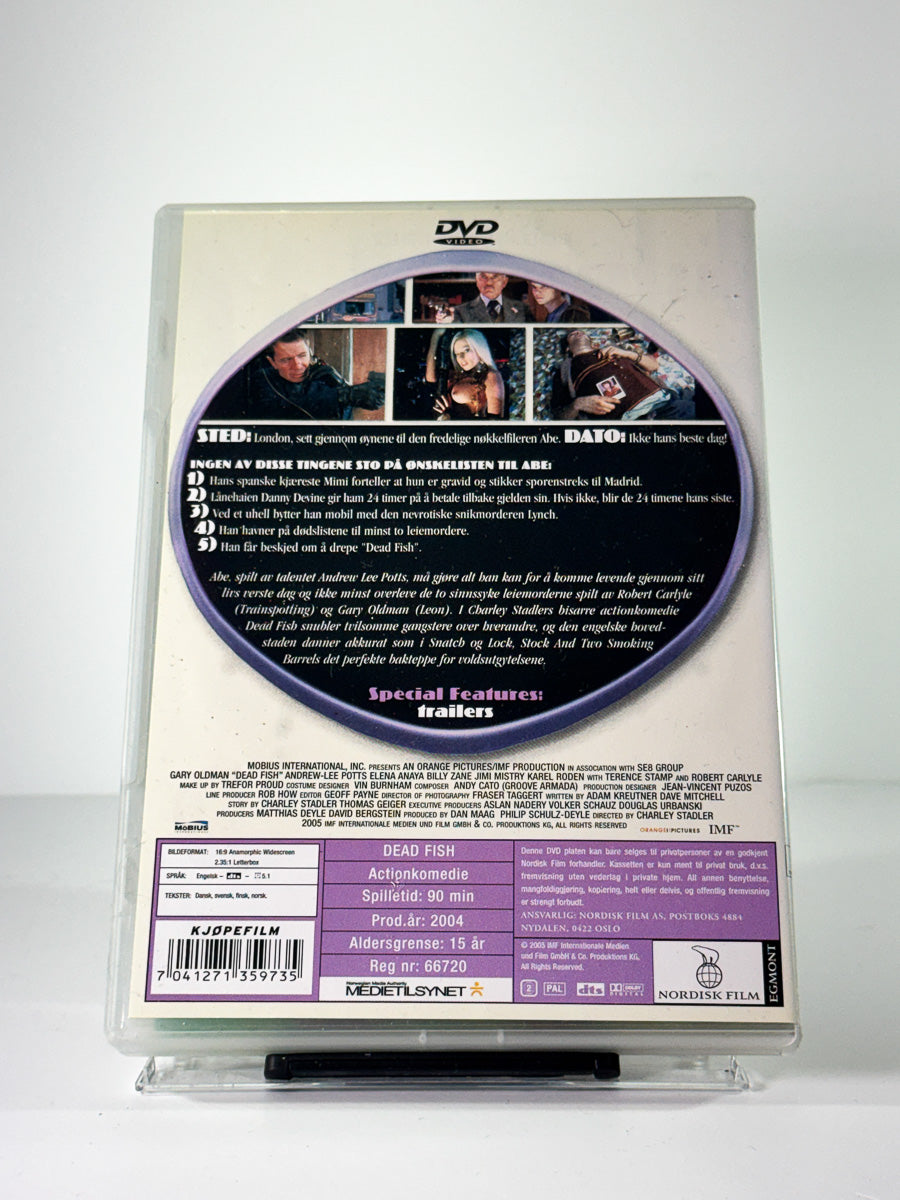 Bakside av cover til dead fish, brukt original DVD hos Brukbar Film