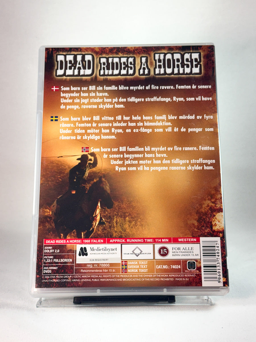 Bakside av cover til Dead Rides a Horse, bruktfilm på DVD hos Brukbar Film
