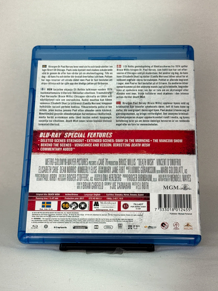 Bakside av Blu-ray-cover til Death Wish – brukt originalfilm med hevntema, tilgjengelig hos Brukbar Film