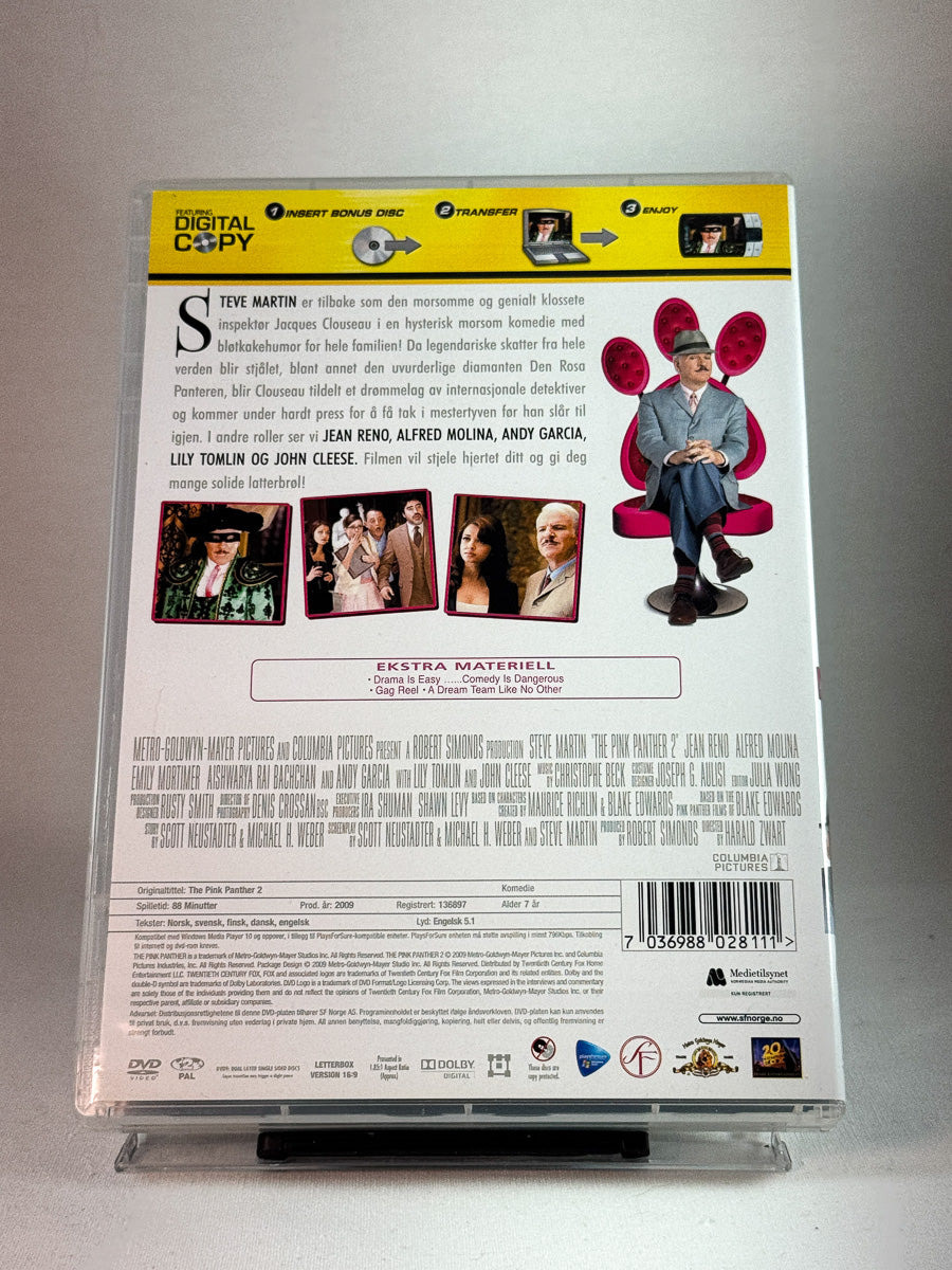 Bakside av cover til Den Rosa Panteren 2, bruktfilm hos nettbutikken Brukbar Film