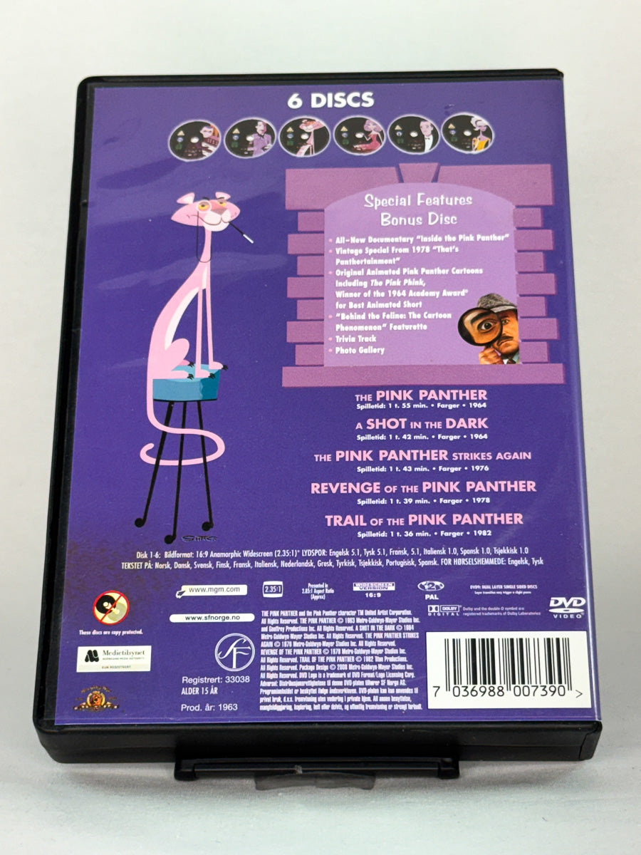 Bakside av DVD-cover til Den Rosa Panteren – Filmsamling – brukt originalfilm på DVD, ikoniske Pink Panther-komedier fra Blake Edwards, kjøp hos Brukbar Film.