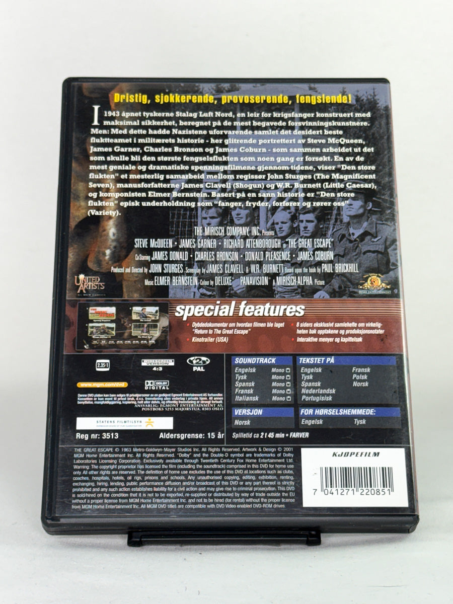 Bakside av DVD-cover for filmen Den store flukten – brukt originalfilm, krigsdrama med Steve McQueen, hos Brukbar Film