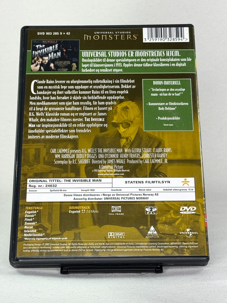 Bakside av DVD-cover til Den usynlige mann (originaltittel: The Invisible Man) – brukt klassisk skrekkfilm på DVD, tilgjengelig hos Brukbar Film