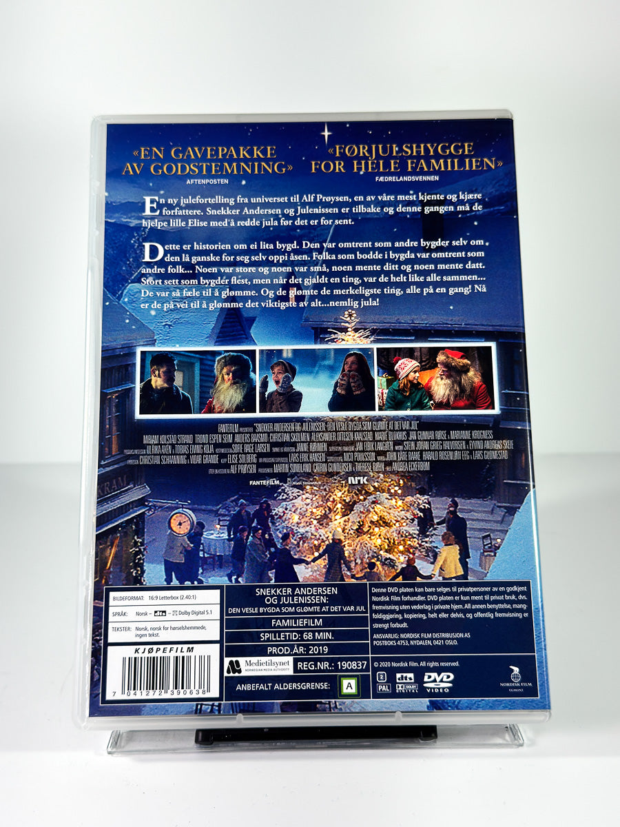 Bakside av cover til Den vesle bygda som glømte at det var jul, bruktfilm på DVD hos Brukbar Film