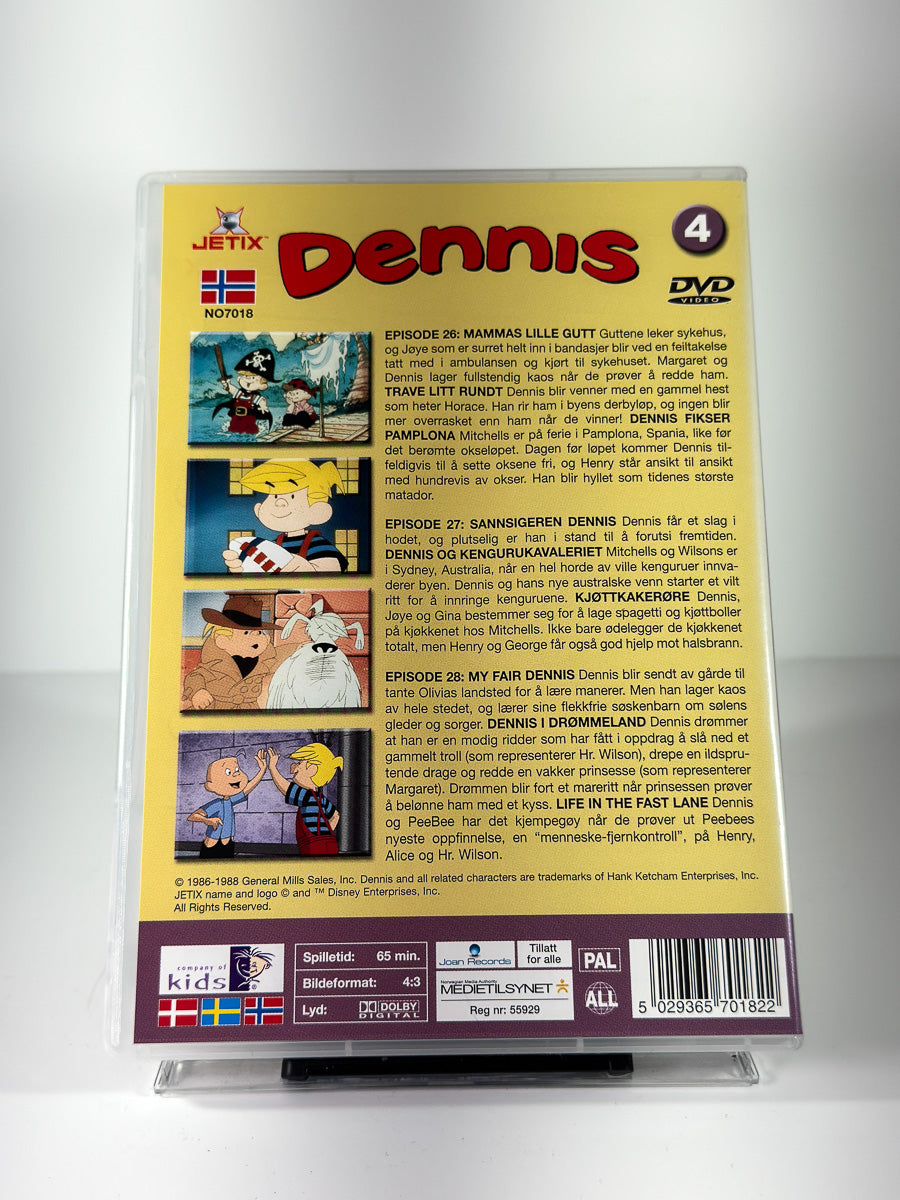 Bakside av cover til Dennis Episode 26–28, brukt original DVD hos Brukbar Film